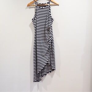 Elia Cher Navy White Stripe Drape Front High Neck Cami Midi Dress Large